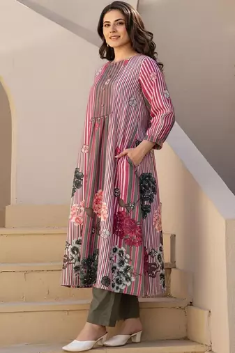 Floral Printed Round Neck Pure Cotton Kurta With Trouser