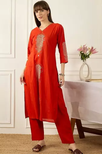 Women Ethnic Motifs Embroidered Regular Mirror Work Pure Cotton Kurta with Trousers & With Dupatta