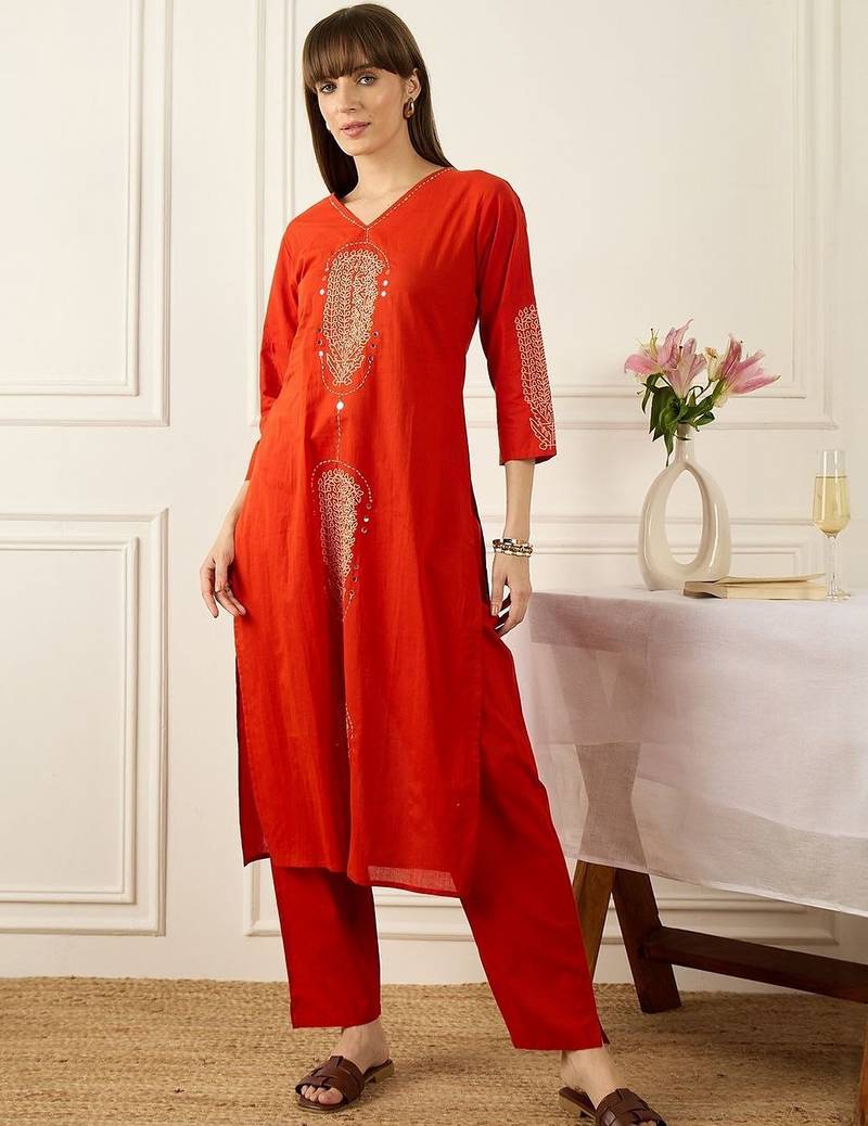 Women Ethnic Motifs Embroidered Regular Mirror Work Pure Cotton Kurta with Trousers & With Dupatta
