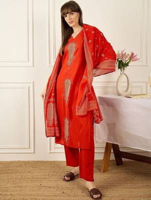 Women Ethnic Motifs Embroidered Regular Mirror Work Pure Cotton Kurta with Trousers & With Dupatta 3