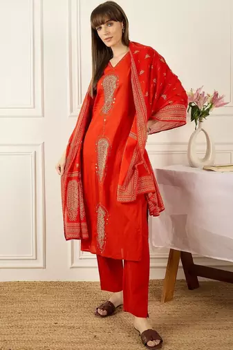 Women Ethnic Motifs Embroidered Regular Mirror Work Pure Cotton Kurta with Trousers & With Dupatta