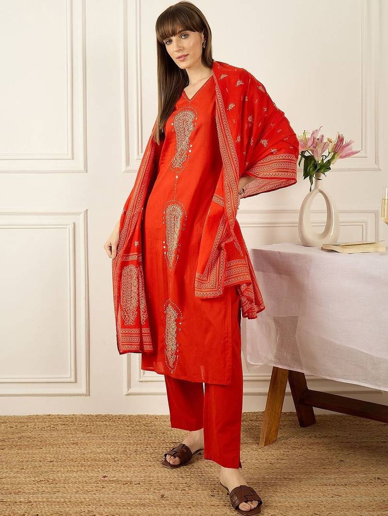Women Ethnic Motifs Embroidered Regular Mirror Work Pure Cotton Kurta with Trousers & With Dupatta