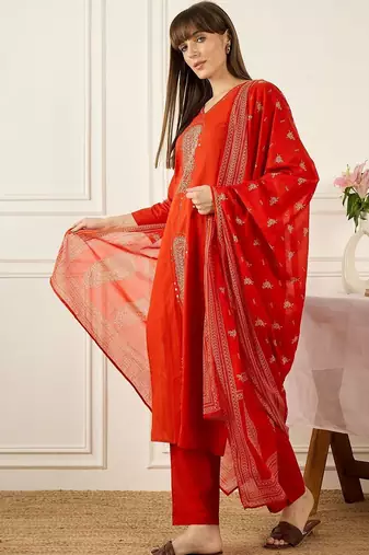 Women Ethnic Motifs Embroidered Regular Mirror Work Pure Cotton Kurta with Trousers & With Dupatta