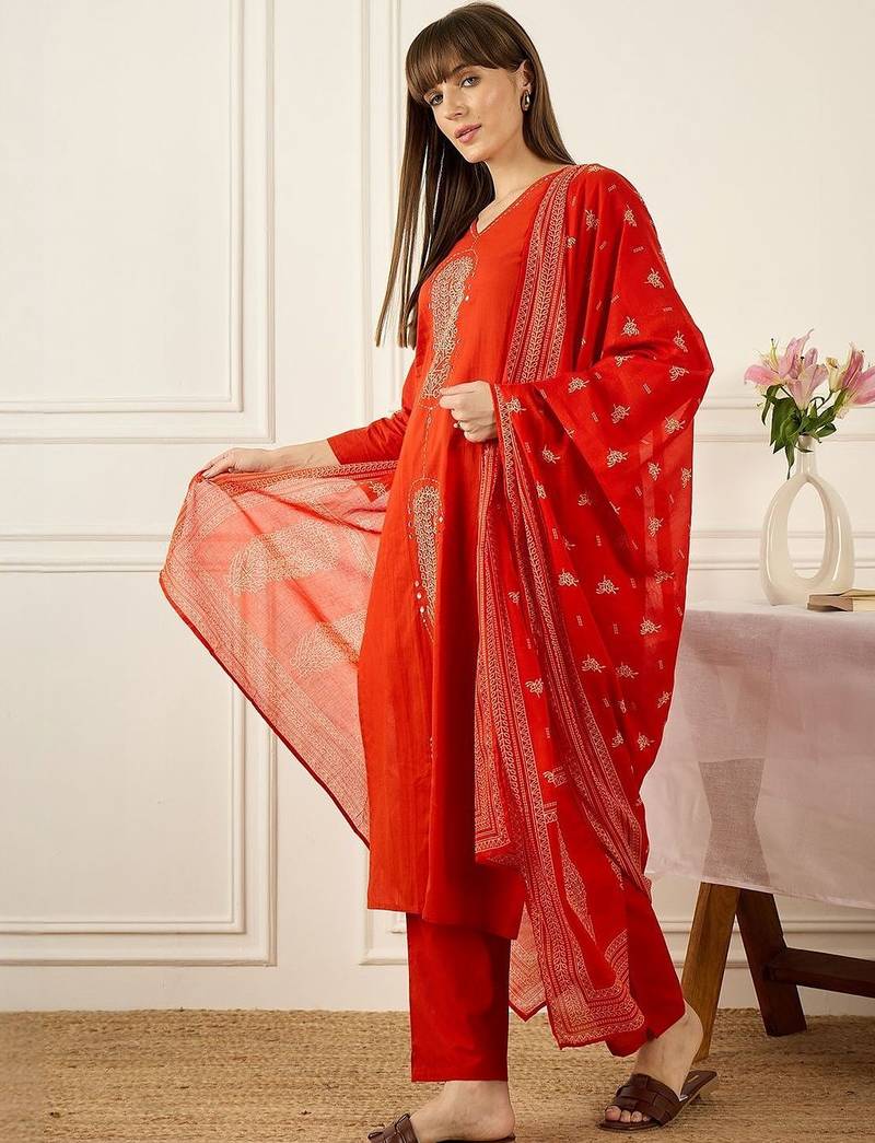 Women Ethnic Motifs Embroidered Regular Mirror Work Pure Cotton Kurta with Trousers & With Dupatta