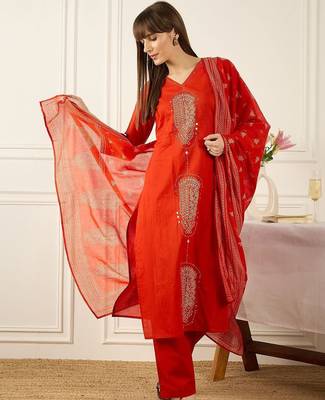 Women Ethnic Motifs Embroidered Regular Mirror Work Pure Cotton Kurta with Trousers & With Dupatta 6