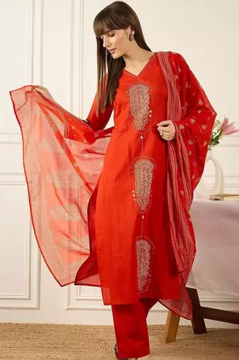 Women Ethnic Motifs Embroidered Regular Mirror Work Pure Cotton Kurta with Trousers & With Dupatta