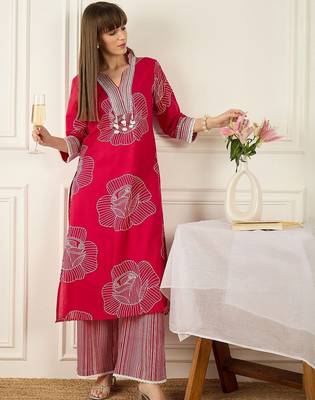 Floral Printed Thread Work Pure Cotton Kurta With Palazzos 1