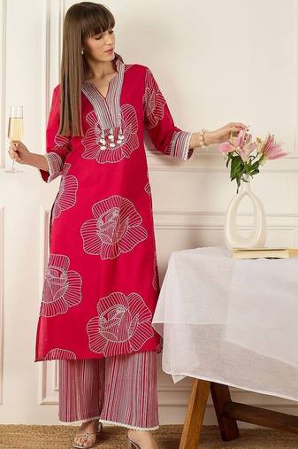 Floral Printed Thread Work Pure Cotton Kurta With Palazzos