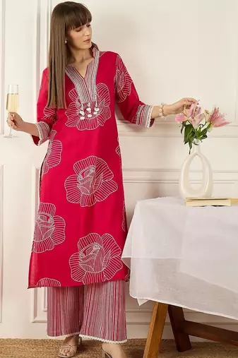 Floral Printed Thread Work Pure Cotton Kurta With Palazzos