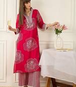 Floral Printed Thread Work Pure Cotton Kurta With Palazzos