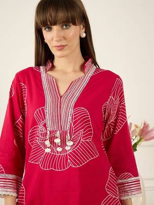 Floral Printed Thread Work Pure Cotton Kurta With Palazzos 2