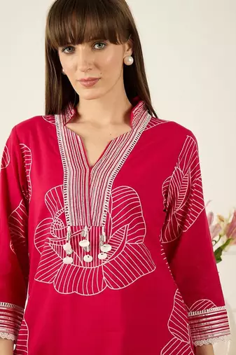 Floral Printed Thread Work Pure Cotton Kurta With Palazzos