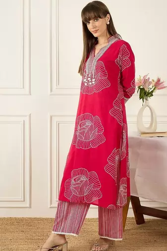 Floral Printed Thread Work Pure Cotton Kurta With Palazzos