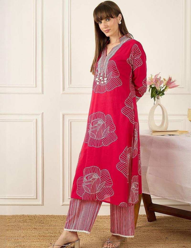 Floral Printed Thread Work Pure Cotton Kurta With Palazzos
