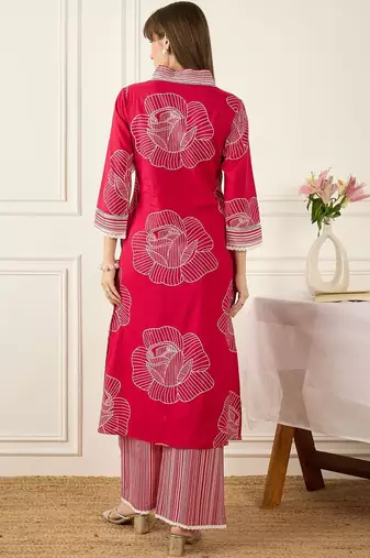 Floral Printed Thread Work Pure Cotton Kurta With Palazzos