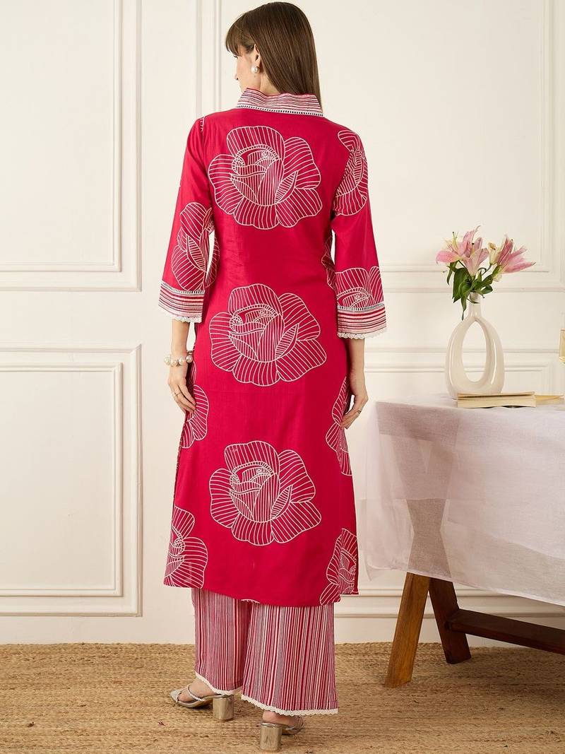 Floral Printed Thread Work Pure Cotton Kurta With Palazzos