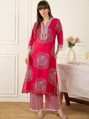 Floral Printed Thread Work Pure Cotton Kurta With Palazzos 5