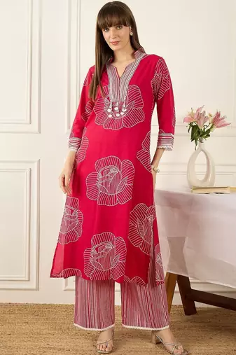 Floral Printed Thread Work Pure Cotton Kurta With Palazzos