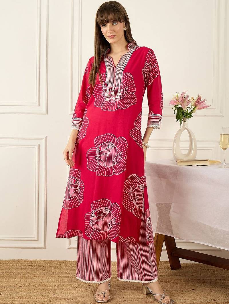 Floral Printed Thread Work Pure Cotton Kurta With Palazzos