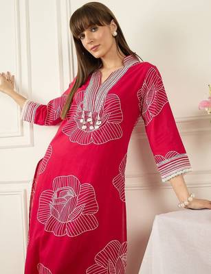 Floral Printed Thread Work Pure Cotton Kurta With Palazzos 6