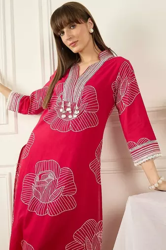 Floral Printed Thread Work Pure Cotton Kurta With Palazzos