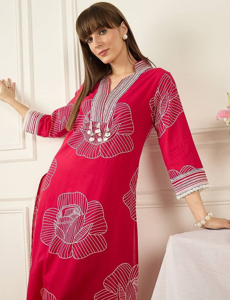 Floral Printed Thread Work Pure Cotton Kurta With Palazzos