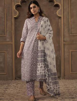 Floral Printed Pure Cotton Mandarin Collar Straight Kurta With Trousers & Dupatta 1