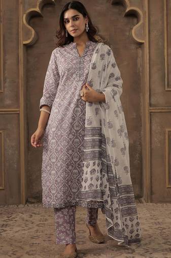 Floral Printed  Cotton Mandarin Collar Straight Kurta With Trousers & Dupatta