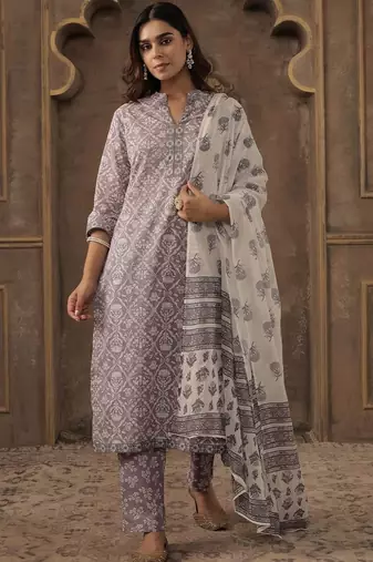 Floral Printed Pure Cotton Mandarin Collar Straight Kurta With Trousers & Dupatta