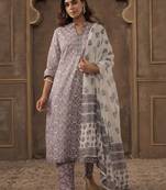 Floral Printed Pure Cotton Mandarin Collar Straight Kurta With Trousers & Dupatta