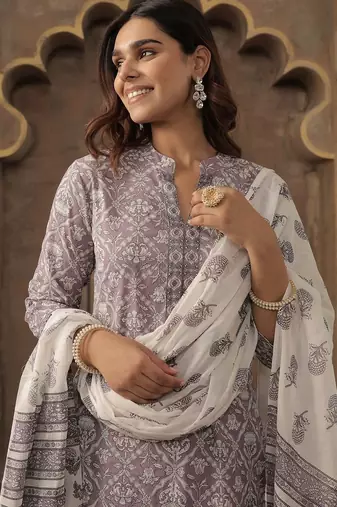 Floral Printed Pure Cotton Mandarin Collar Straight Kurta With Trousers & Dupatta