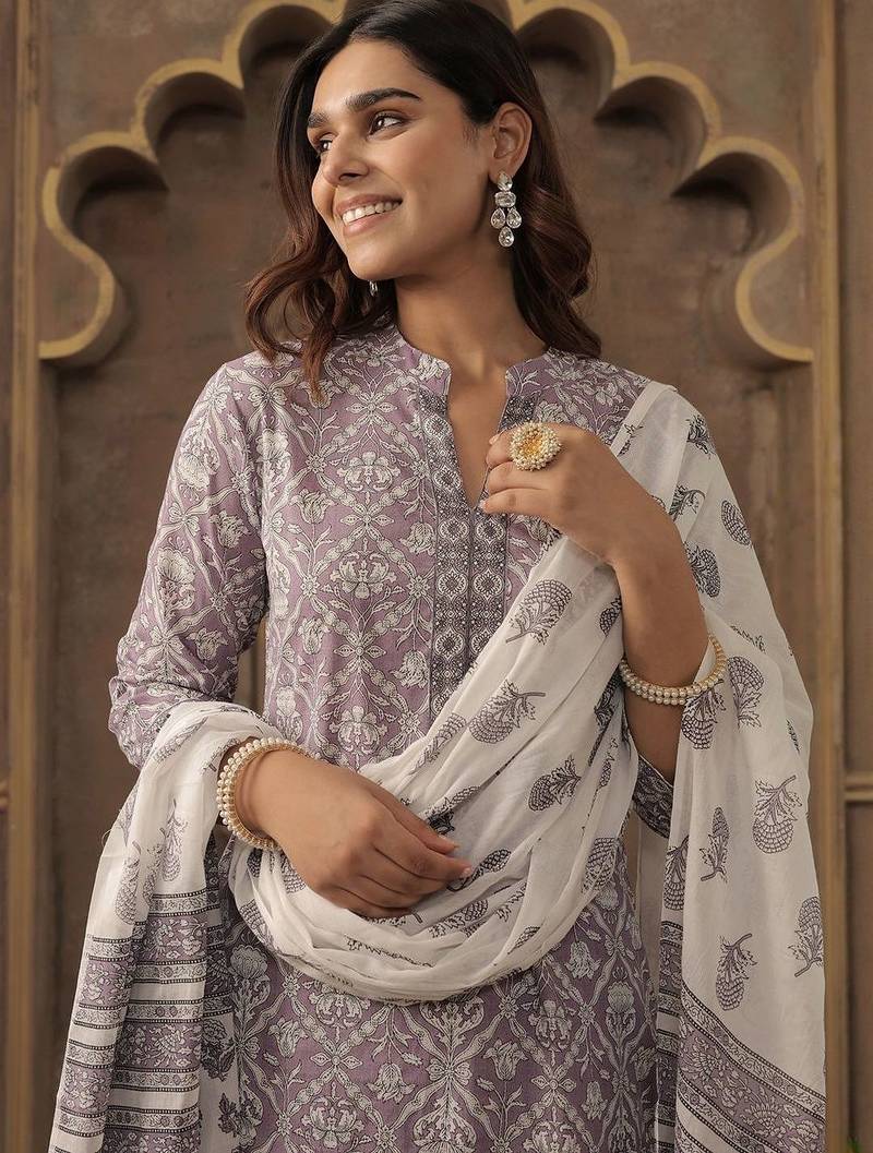 Floral Printed Pure Cotton Mandarin Collar Straight Kurta With Trousers & Dupatta