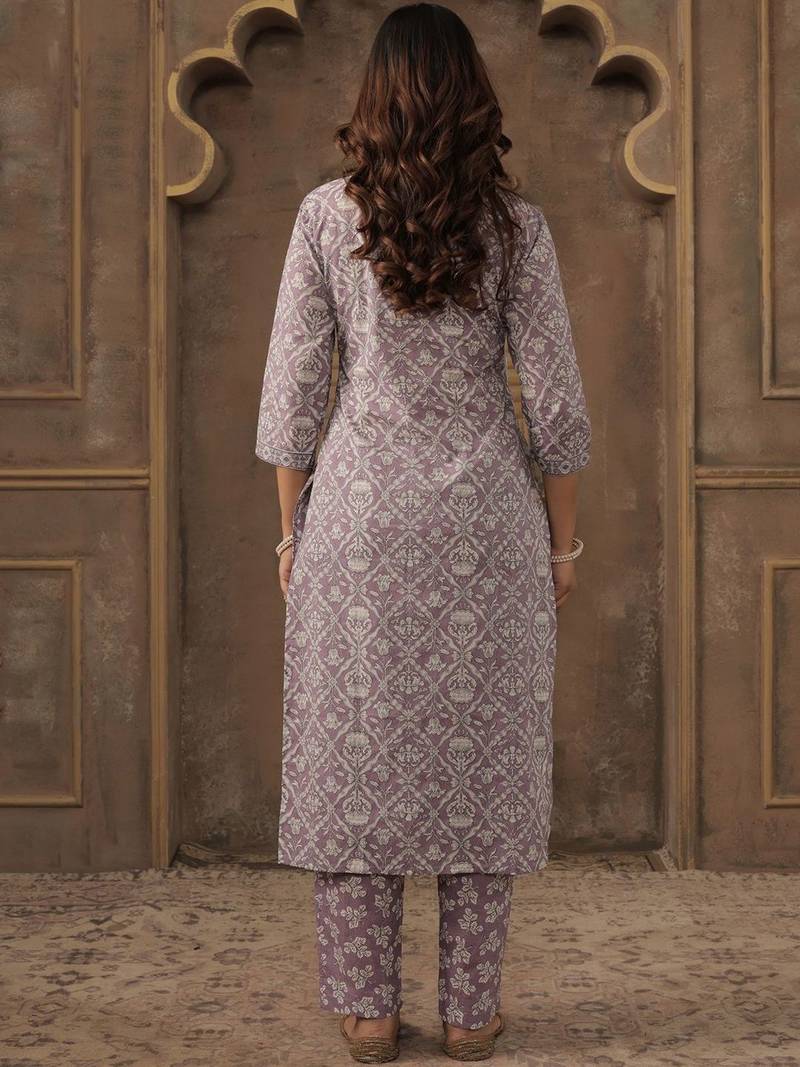 Floral Printed Pure Cotton Mandarin Collar Straight Kurta With Trousers & Dupatta