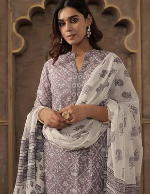 Floral Printed Pure Cotton Mandarin Collar Straight Kurta With Trousers & Dupatta 4