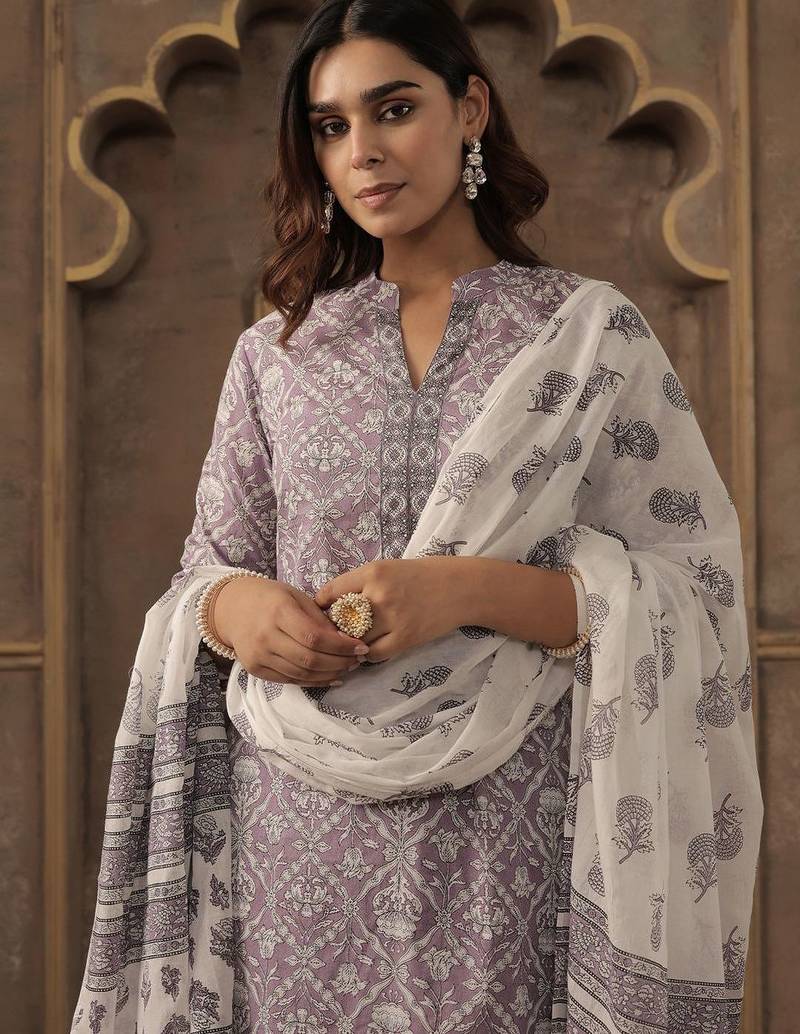 Floral Printed Pure Cotton Mandarin Collar Straight Kurta With Trousers & Dupatta