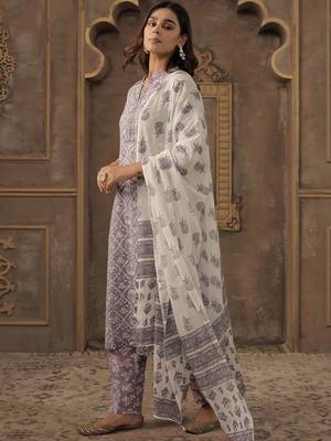 Floral Printed Pure Cotton Mandarin Collar Straight Kurta With Trousers & Dupatta 5