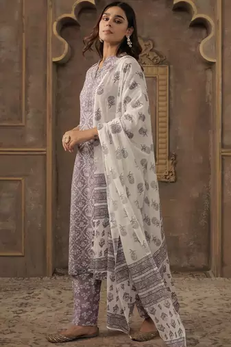 Floral Printed Pure Cotton Mandarin Collar Straight Kurta With Trousers & Dupatta