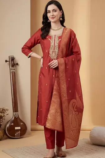Women Ethnic Motifs Embroidered Regular Kurta with Trousers & With Dupatta