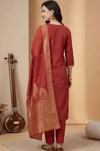 Women Ethnic Motifs Embroidered Regular Kurta with Trousers & With Dupatta