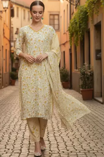 Women Floral Printed Regular Pure Cotton Kurta with Trousers & With Dupatta