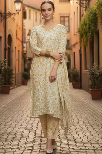 Women Floral Printed Regular Pure Cotton Kurta with Trousers & With Dupatta