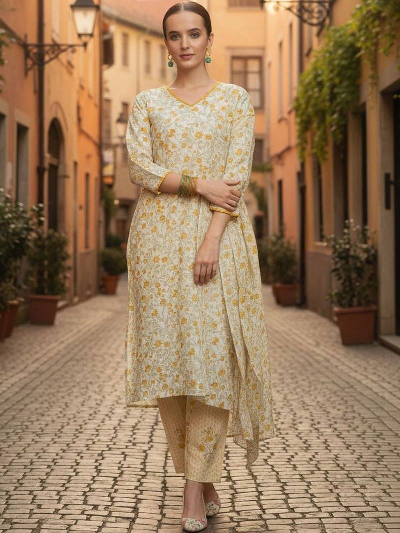 Women Floral Printed Regular Pure Cotton Kurta with Trousers & With Dupatta
