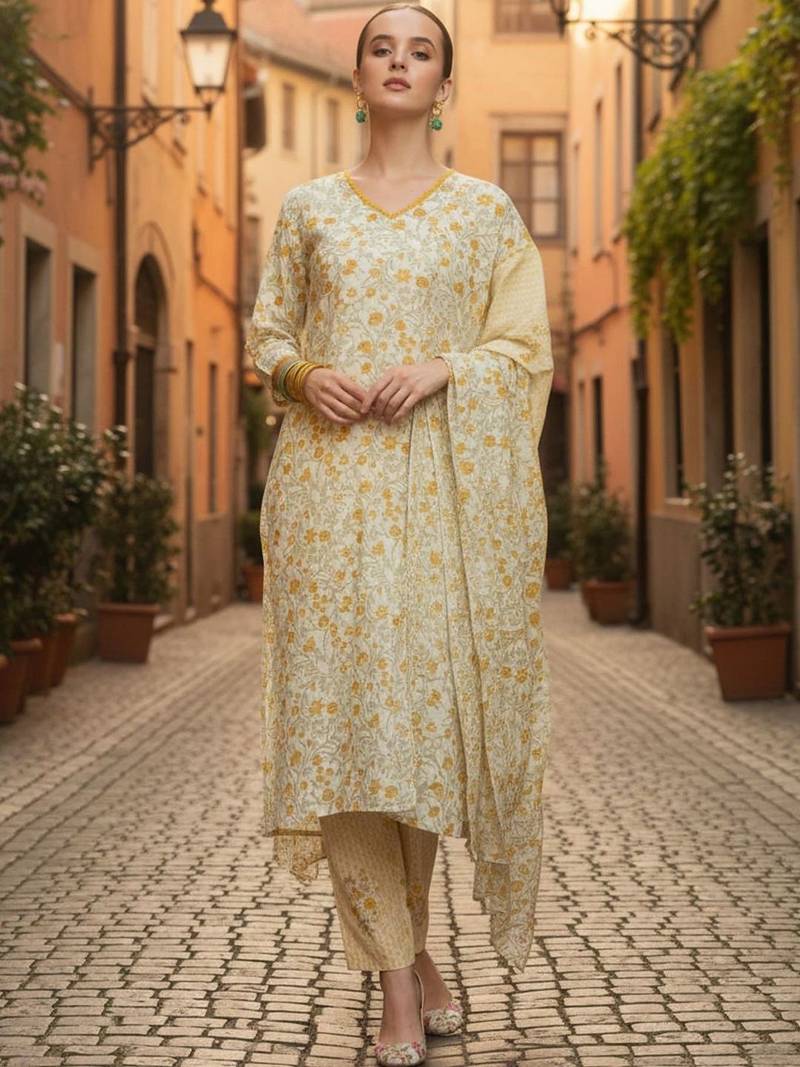 Women Floral Printed Regular Pure Cotton Kurta with Trousers & With Dupatta