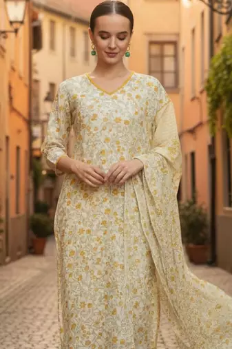 Women Floral Printed Regular Pure Cotton Kurta with Trousers & With Dupatta