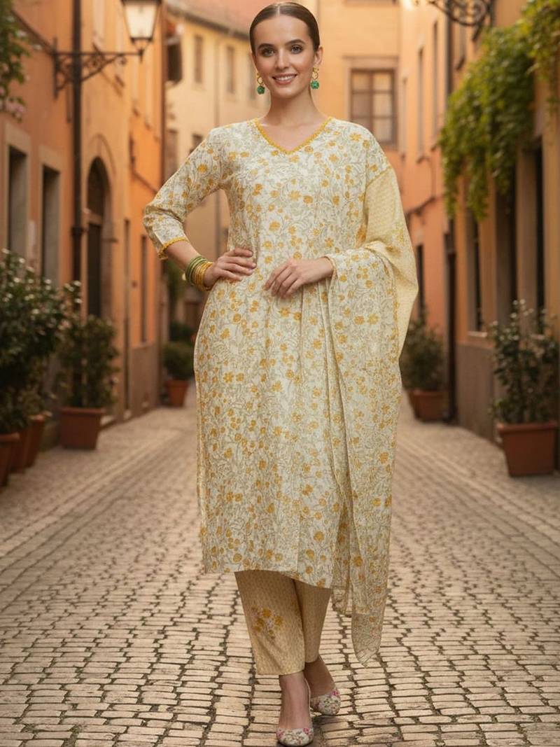 Women Floral Printed Regular Pure Cotton Kurta with Trousers & With Dupatta