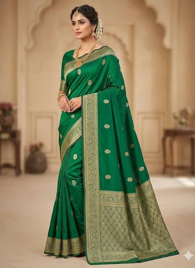Green color art silk blend sarees with blouse