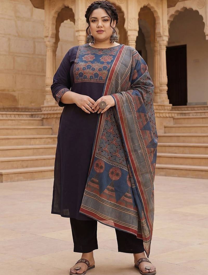 Plus Size Black Printed Straight Kurta Trousers With Dupatta Set