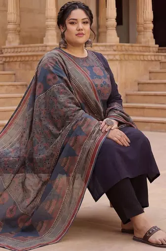 Plus Size Black Printed Straight Kurta Trousers With Dupatta Set