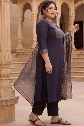 Plus Size Black Printed Straight Kurta Trousers With Dupatta Set