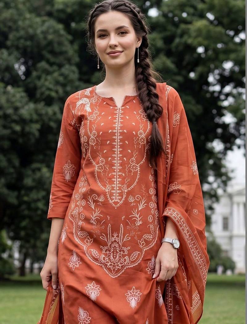 Women Ethnic Motifs Printed Regular Pure Cotton Kurta with Trousers & With Dupatta